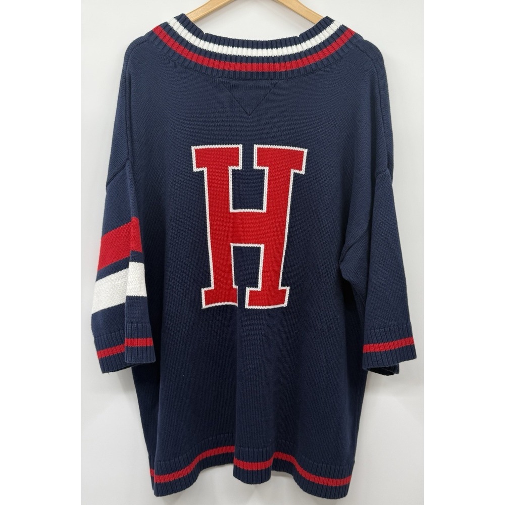 Tommy Hilfiger Denim Sweater Mens XL Navy V Neck Varsity Collegiate H Logo